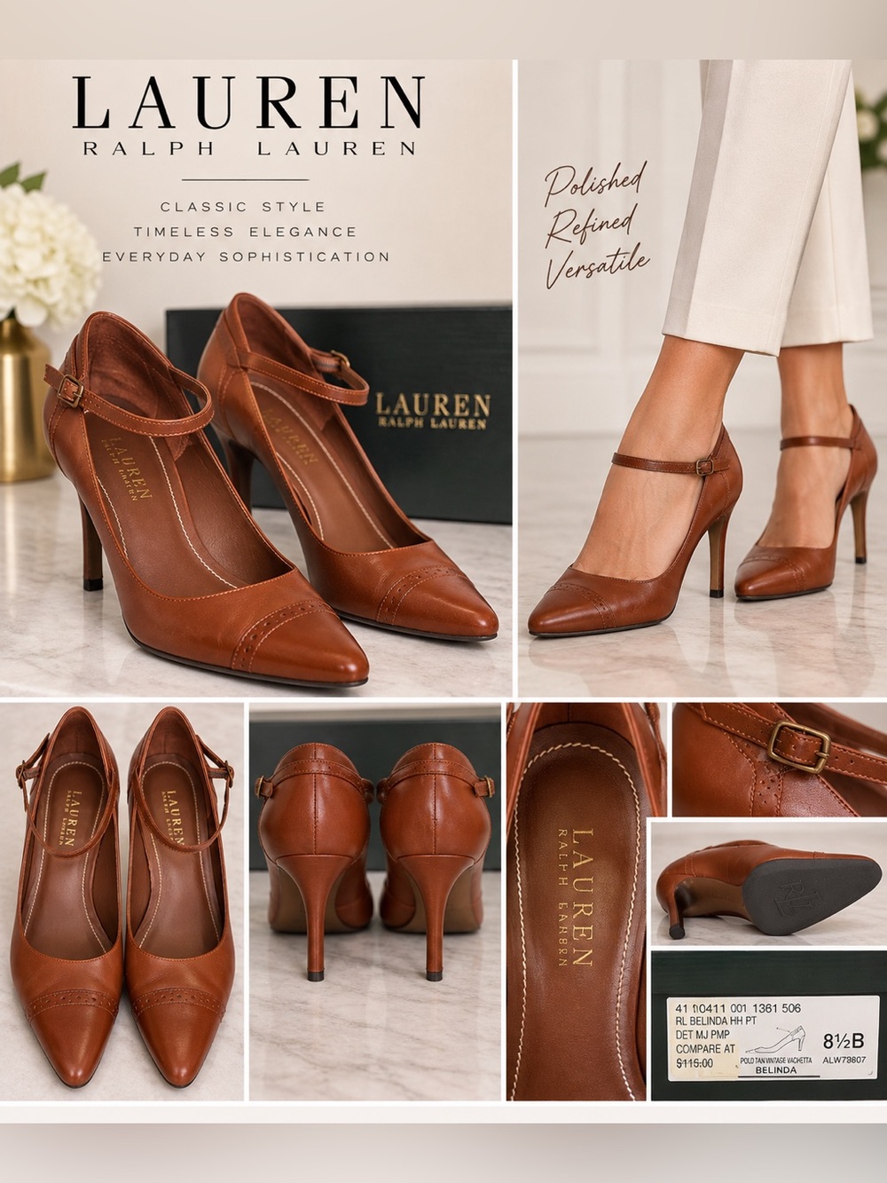 Lauren Ralph Lauren Belinda Cognac Brown Leather Mary Jane Heels Size 8.5 B